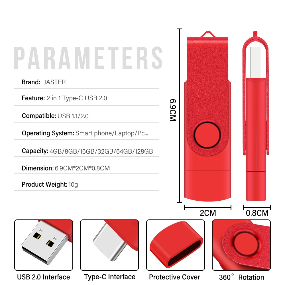 TYPE-C USB Flash Drive 128GB 2 in 1 Red Memory Stick 32GB Rotatable Pen Drive 64GB Pendrive for Mobile Phone 16GB U Disk 8GB