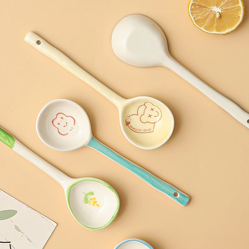 Kawaii Flower Ceramic Soup Spoon Cute Korean Ice Cream Hand Painted Coffee Dessert Long Handle Spoon Kitchen Accessories