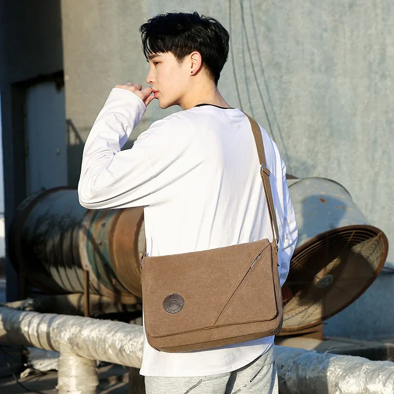 Retro Canvas Shoulder Bag Trendy Casual Men's File Bag with Cover Simple Fashionable Student Women's Crossbody Messenger Bag