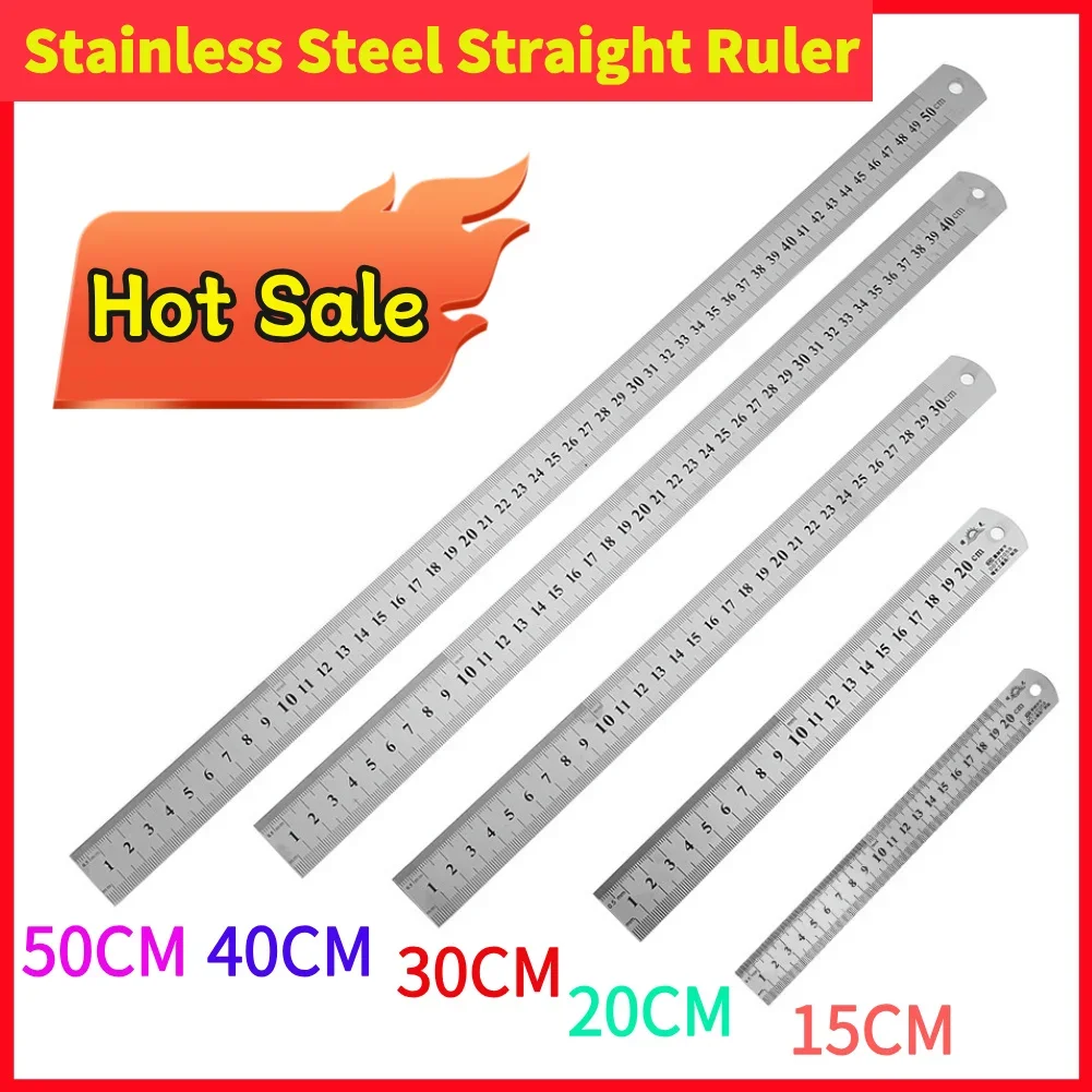 Regla recta de Metal de acero inoxidable, reglas de línea de 15cm/20cm/30cm/40cm/50cm para escuela, herramienta Reglas de dibujo de medición de precisión para niños