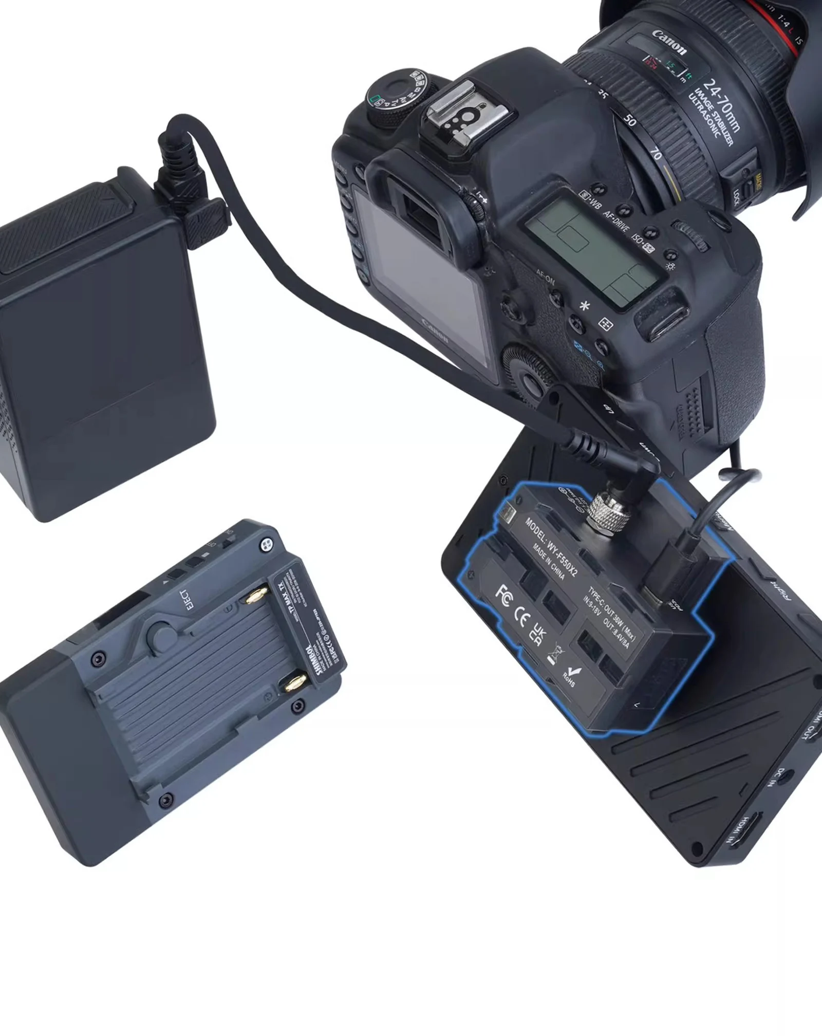 Doppelseitiger NP-F Dummy-Akku-Adapter NP-F550/F750/F970 für Kamera-Monitor Drahtloser Sender D-Tap zu DC 5,5*2,5mm Kabel – Detail 6