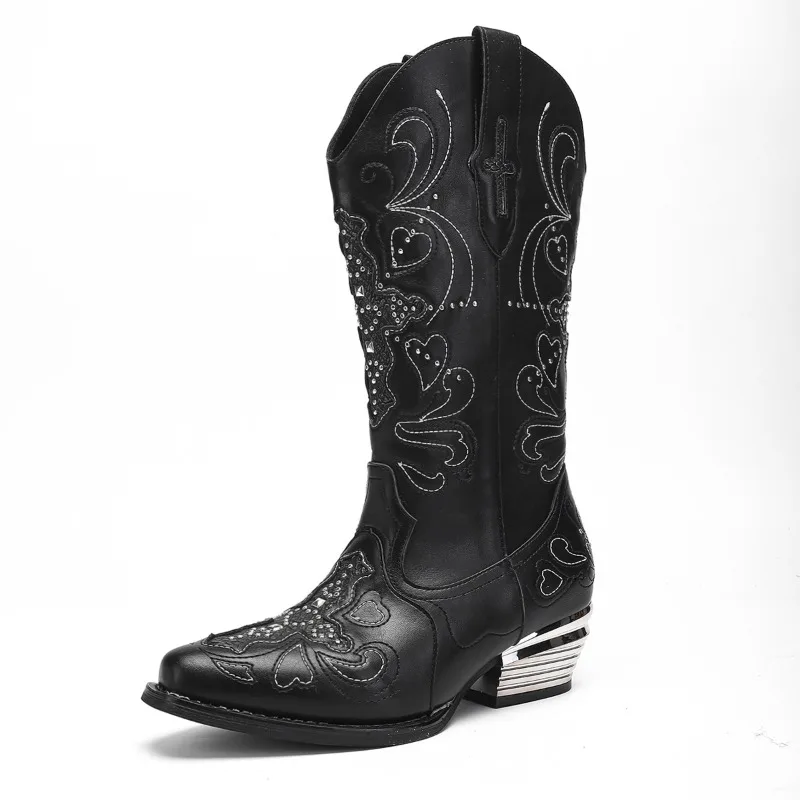 Women's Fad Embroidery Cowboy Boots Women Thick Heel Retro Pointed Knight Boot Mid European and American Length Boot Botas Mujer