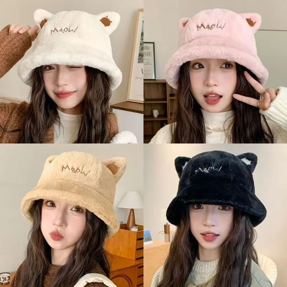 Face Slimming Cat Ear Bucket Hat Earflap Ear Protection Fuzzy Hat 56-58cm Head Circumference Warm Lining Winter Warm Hat