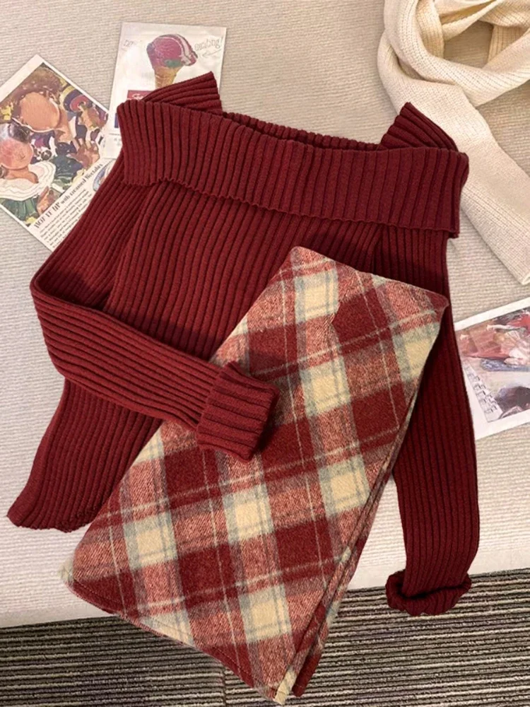 Woman Harajuku Korean Fashion Suit Autumn Winter Red Irregular Knitted Sweater + High Waist Slim Y2k Mini Skirt Plaid Skirt Set