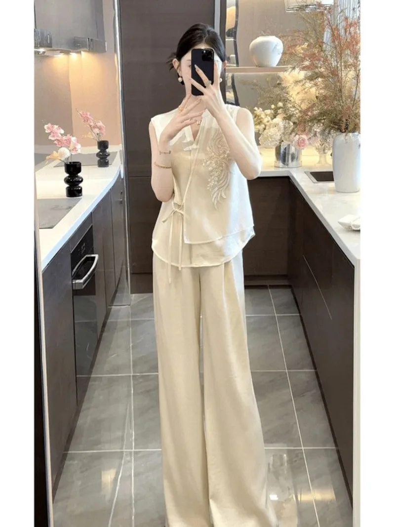 

New Chinese Style Summer Women's Two Piece Set Fashion Embroidery Sleeveless Shirt Top + High Waist Wide Leg Pants Suit