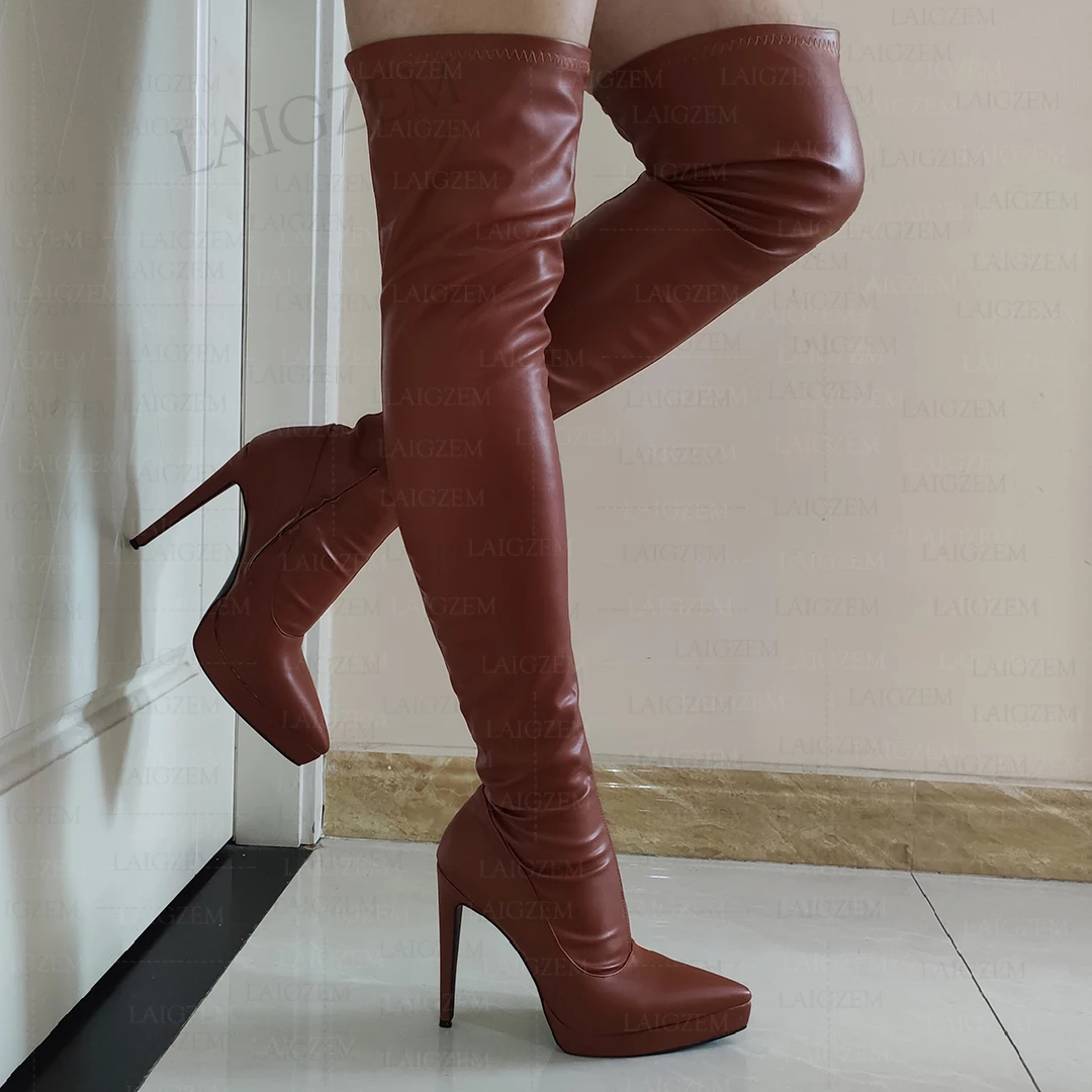 

SEIIHEM Women Thigh High Boots Pointed Toe Side Zip Thin High Heels Boots Over Knee Faux Leather Shoes Woman Big Size 38 44 47