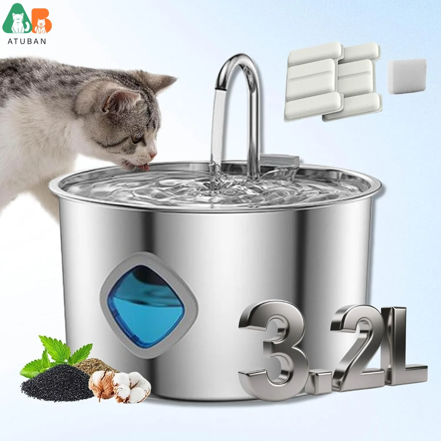 

ATUBAN Фонтан для кошек, фонтан с гидроветеринарными фильтрами 3,2 л, автоматический диспенсер для воды для домашних животных из нержавеющей стали, Flor Cats Dog