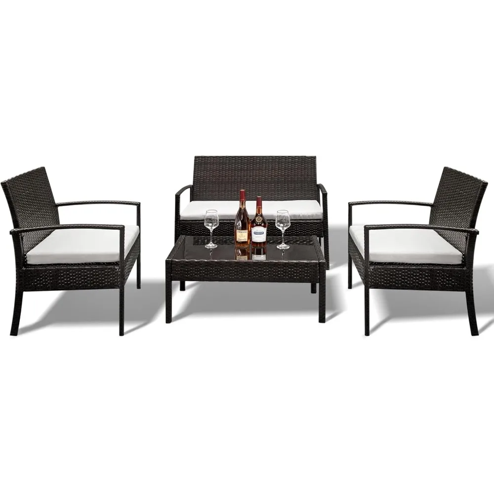 

4 Pieces Patio Furniture Set, Rattan Conversation Sets with Loveseat Soft Cushion and Glass Table for Garden Backyard