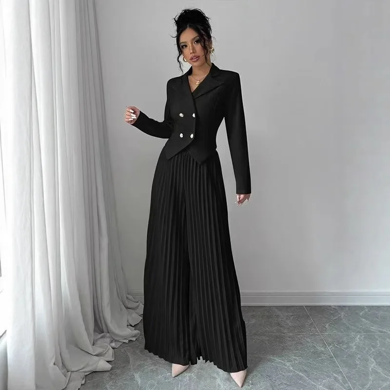 

New European and American Women Cross-border Suit Fashionable Pleated Skirt and Trousers Two-piece Set Long Pants Set for Women