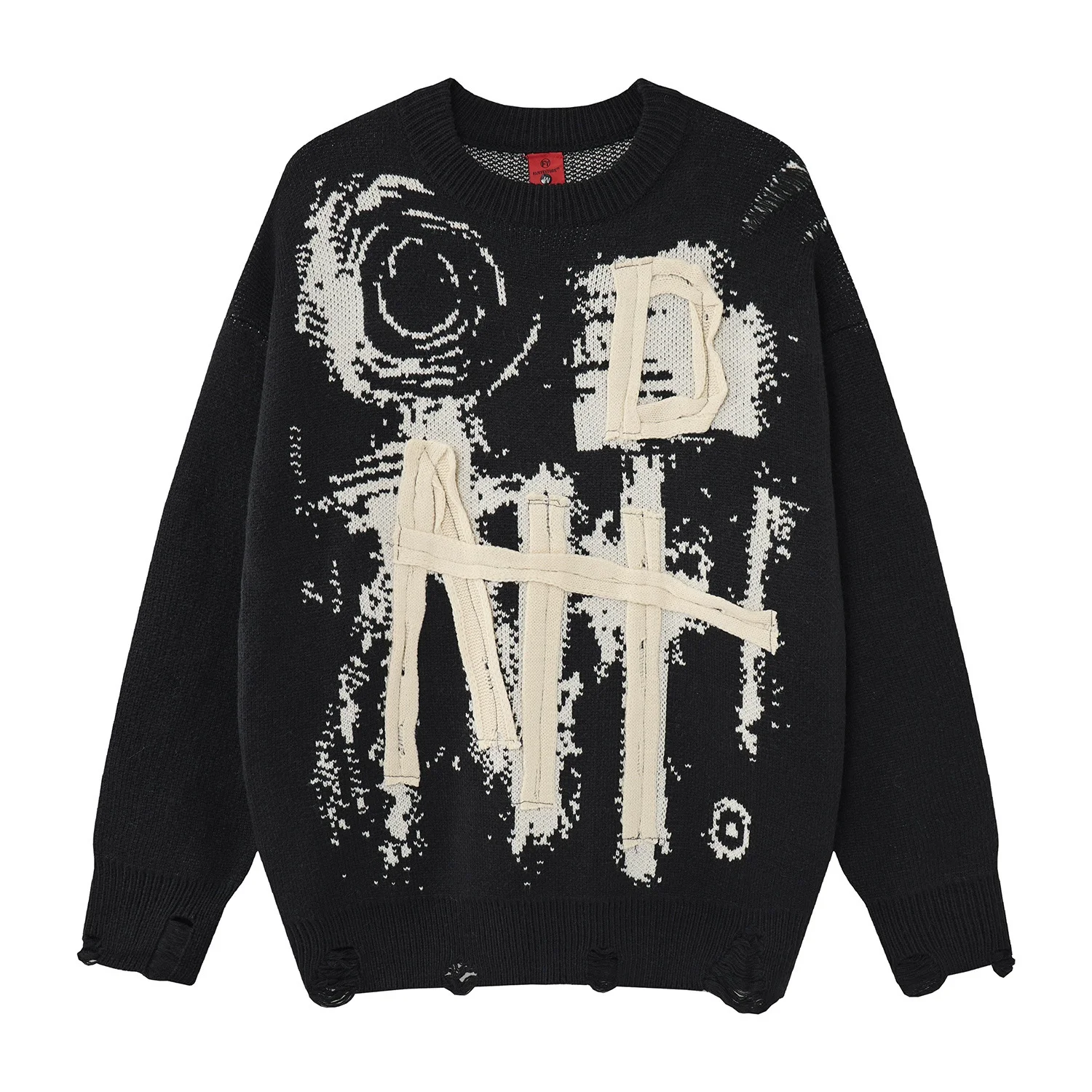Smooth Sweater Men Retro Ripped Hole Graffiti Print Patch Knitted Jumpers Men Streetwear Hip Hop Harajuku Punk Gothic Sweaters