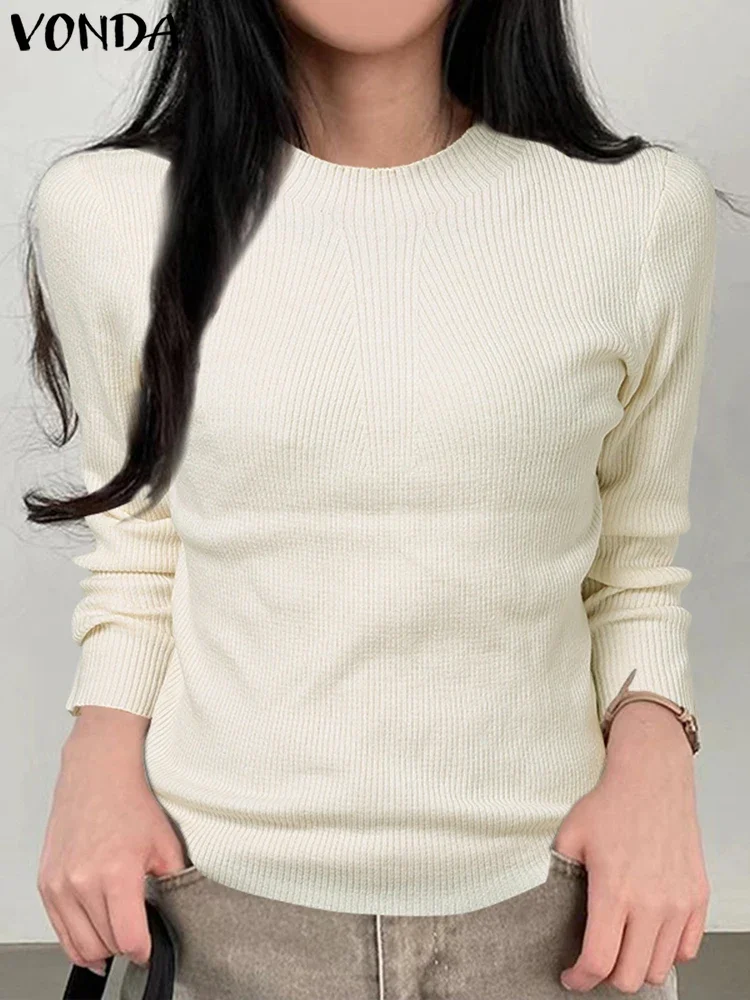 

VONDA 2025 Fashion Sweater Women Autumn Tops Solid Color Long Sleeve O-Neck Casual Loose Knitted Pullover Office OL Streetwear