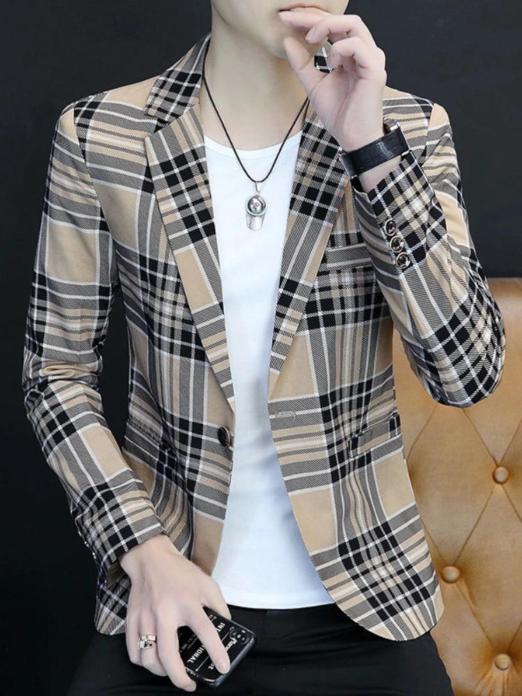 Man Suits And Blazers Thin Slim Fit Plaid Classic Jacket For Men Elegant Youthful Emo Fashion 2024 Coats Spring Clothes Summer