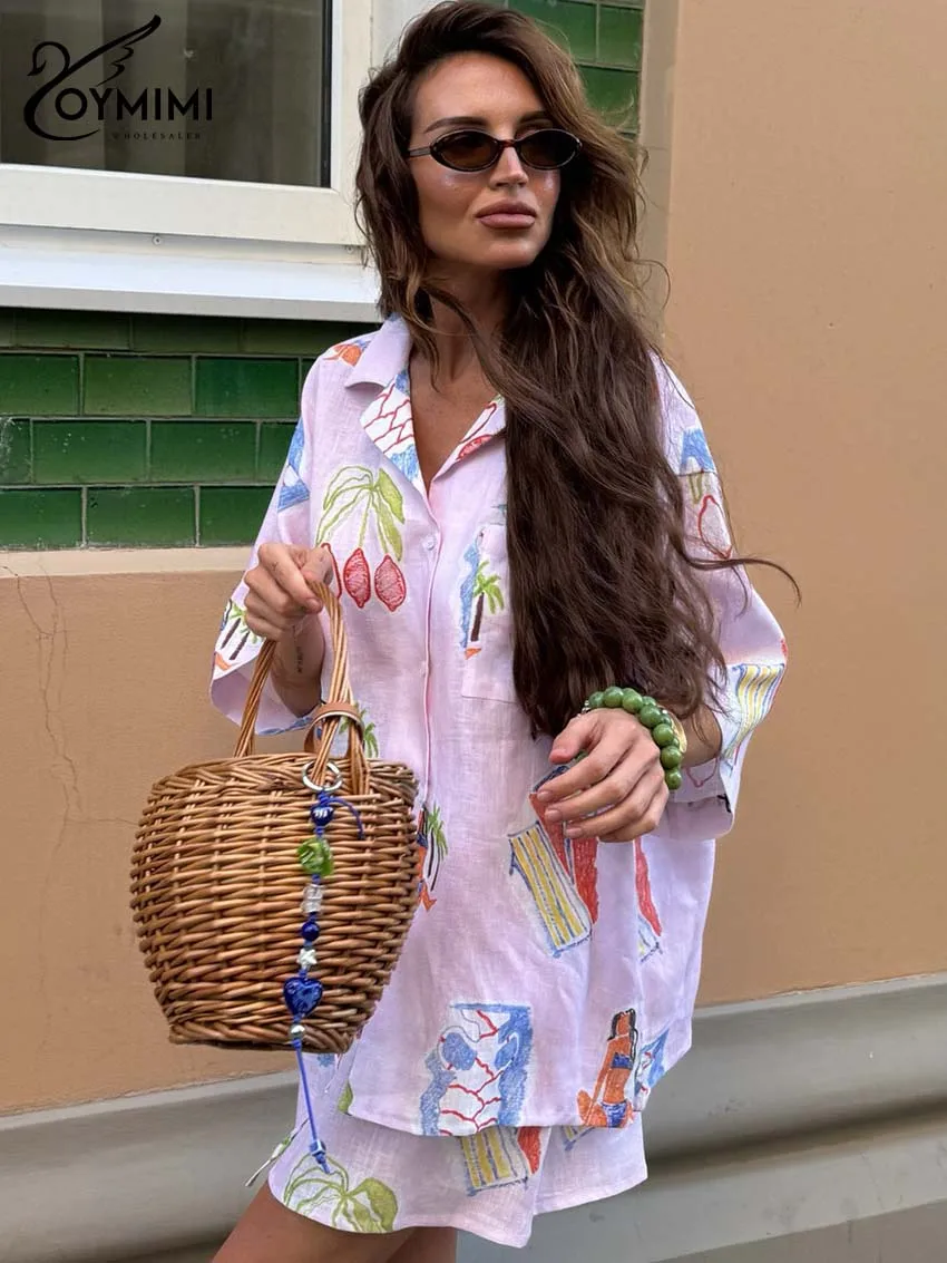 

Oymimi Women's Pink Tropical Print 2-Piece Set 2026 Summer Shirt Top + Shorts Half Sleeve Oversized Casual Vacation Loose Outfit