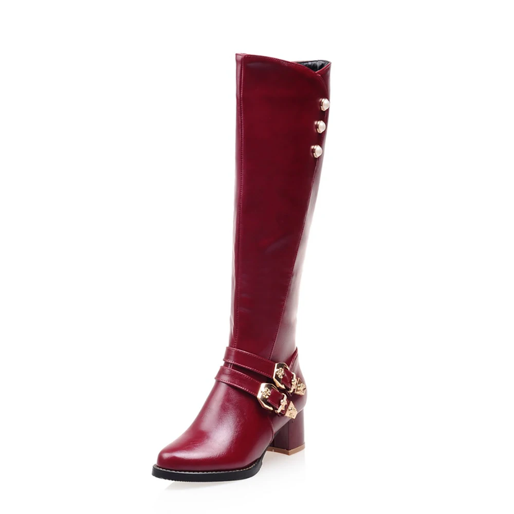 Winter Brand New Glamour Brown Red Women Knee High Riding Boots Chunky Heels Lady Shoes EL1 Plus Small Big Size 12 31 43 52