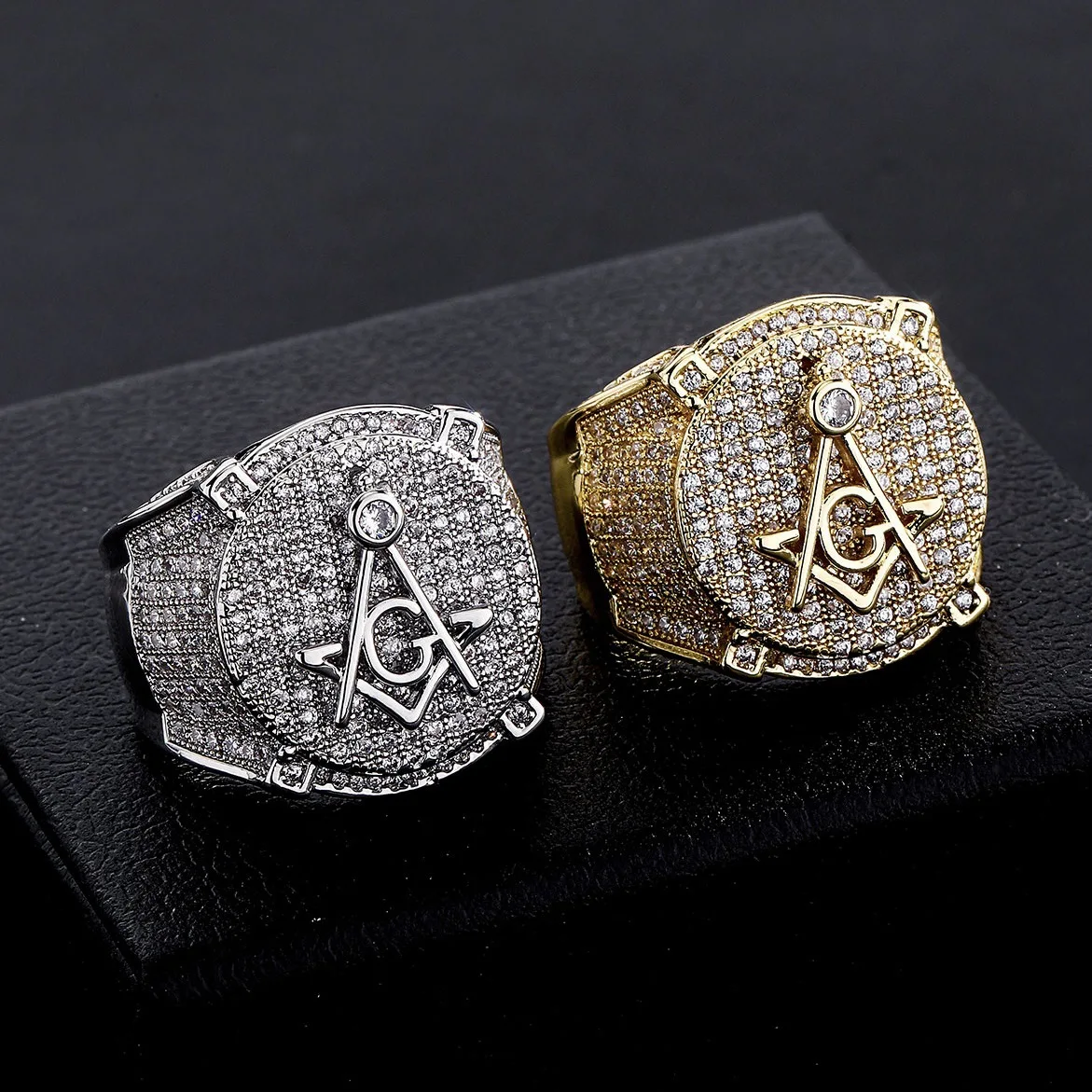 

2 pieces Hip Hop Punk Men Vintage Charm Masonic Crystal Rings Freemason Symbol A G Templar Freemasonry Ring
