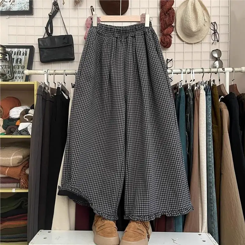 

Брюки с высокой талией, эластичные, широкие, летний дизайн, в клетку, повседневные, свободного прямого кроя