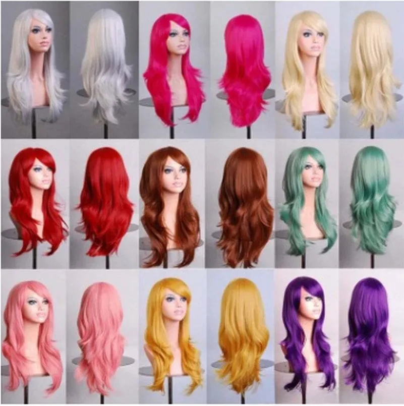 28"inch 10Color Long Multicolor Wavy Cosplay Red Green Puprle Pink Black Blue Sliver Gray Blonde Brown Hair Wigs