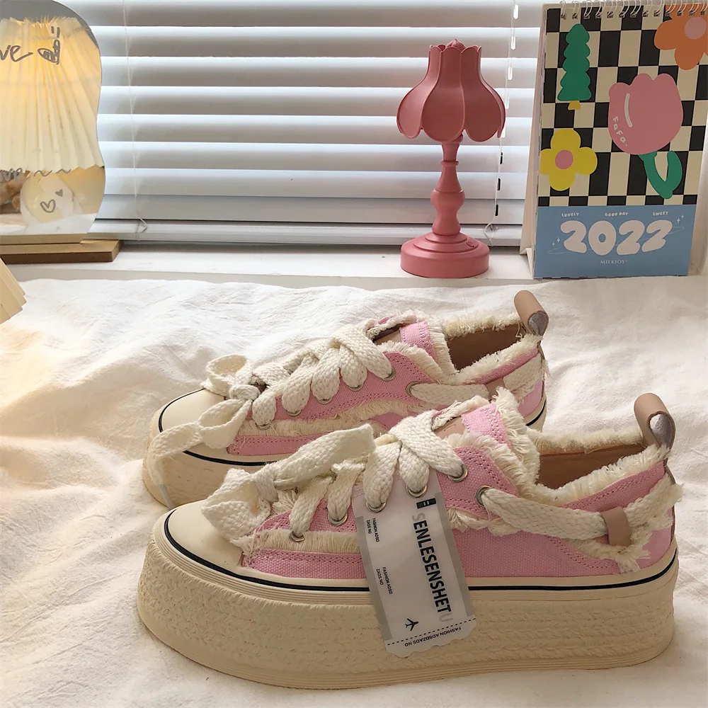 Pink canvas old school stacked platform shoes women's stylish punk gothic sneakers girls chunky trainers frayed harajuku shoes