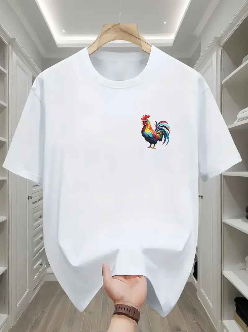 تي شيرت برقبة دائرية مطبوع عليه الديك، نمط كاجوال للرجال، ملابس صيفية خارجية، نمط يومي، تي شيرت عصري ومريح