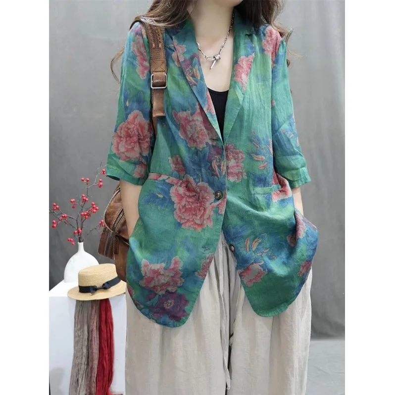 

Женский костюм из хлопка и льна свободного кроя с рукавом миди, винтажный цветочный принт, универсальный повседневный стиль, весенний сезон, стандартная толщина