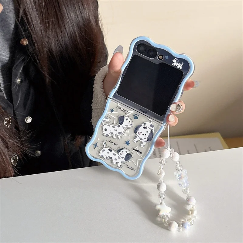 삼성 갤럭시 ZFlip 5 6 5G Flip5 ZFlip6 4 3 한국어 카와이 웨이브 안티 폴 백 케이스 용 팔찌 전화 케이스가있는 귀여운 스타 강아지