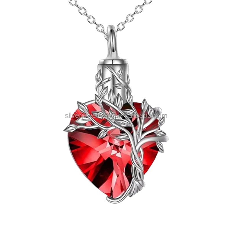 

Wholesale 925 Sterling Silver Tree of Life Heart Cremation Pet Urn Crystal Natural Ashes Keepsake Necklace Pendant