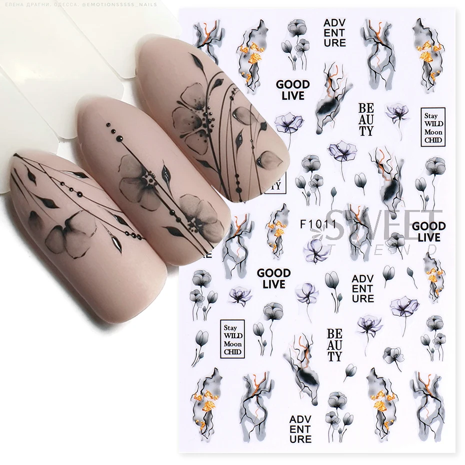 Smoky Black Flowers 3D Nail Sticker Blooming Floral Ink Marble Painting Design Decal Abstract Letter Geometry Manicure Foil Tips