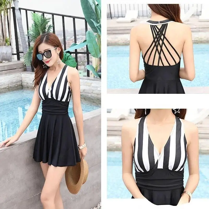 

One Piece Tie Swimsuit Black White Bathing Suit Korea Monokini Women Swimwear Dress Sexy Monokini Beachwear New Maillot Dropship