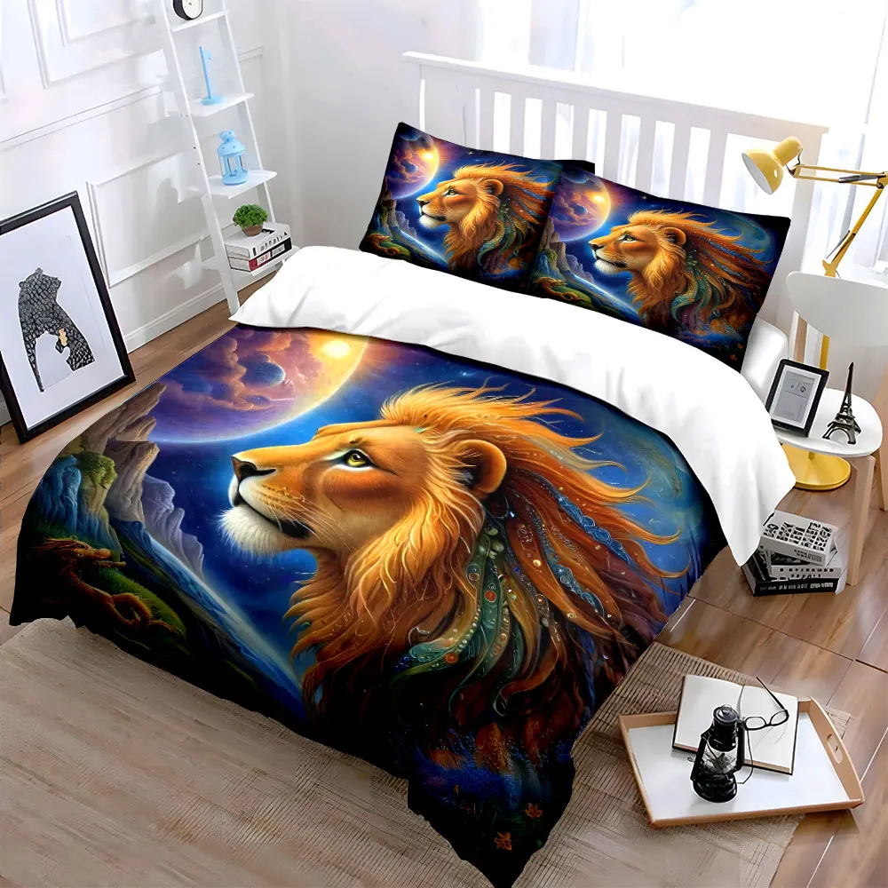 Lion and Cosmic Scenery Printed Duvet Cover Set 1 Duvet Cover+2 Pillowcase Multi Size Bedroom Bedding Decor Machine Washable