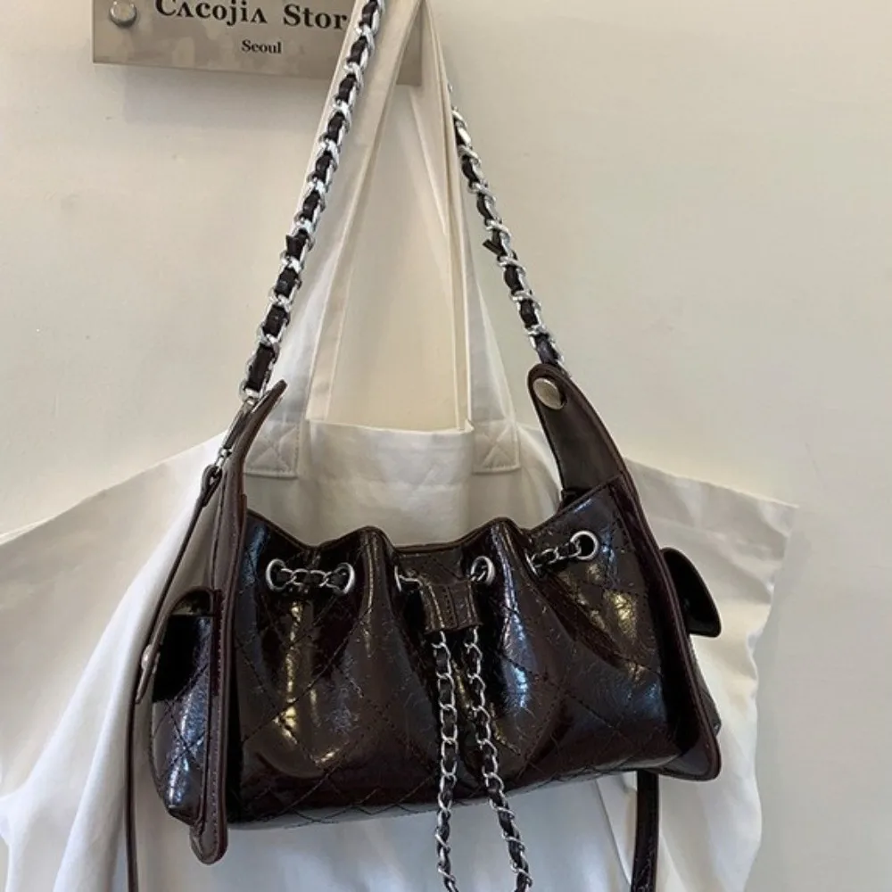New Vintage Style Shoulder Bags PU Leather Checkered Pattern Ladies Handbag Chain Straps Women's Tote Bag Daily Work