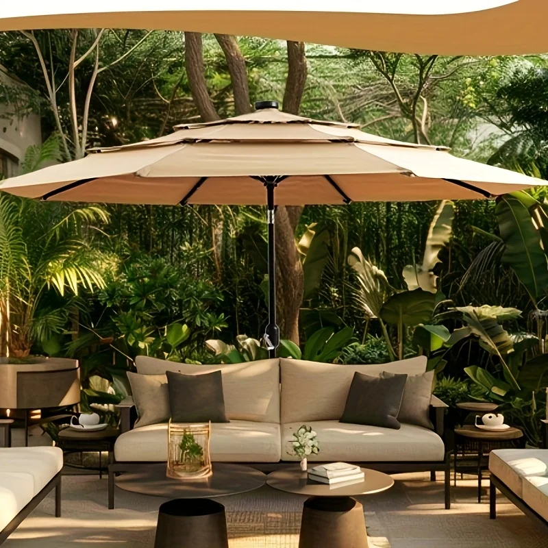 

9ft/10ft/11ft 3-Tier Large Outdoor Umbrella with Push-Button Tilt & Triple Vented Canopy-Metal Frame,180GSM Yarn-Dyed Fabric