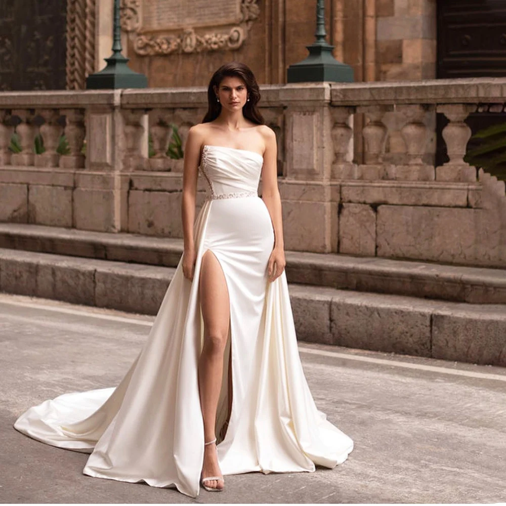 

Sweetheart Wedding Dress Women Satin Side Slit White With Datechable Skrit Custom Made To Measure Robe De Mariee Gorgeous Gowns