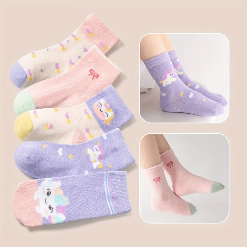 5/10 Pares de Meias Infantis com Estampa de Unicórnio Fofo para Meninas, Meias de Cano Médio com Laço para Crianças, Meias de Algodão Macio para Primavera e Outono