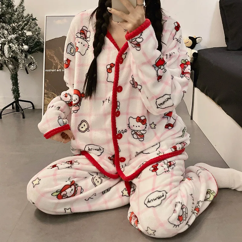 Anime Hello Kitty Pyjama und Pyjama aus weichem Flanell, Kawaii verdickte warme und bequeme Paar-Hauskleidung, Weihnachtsgeschenke