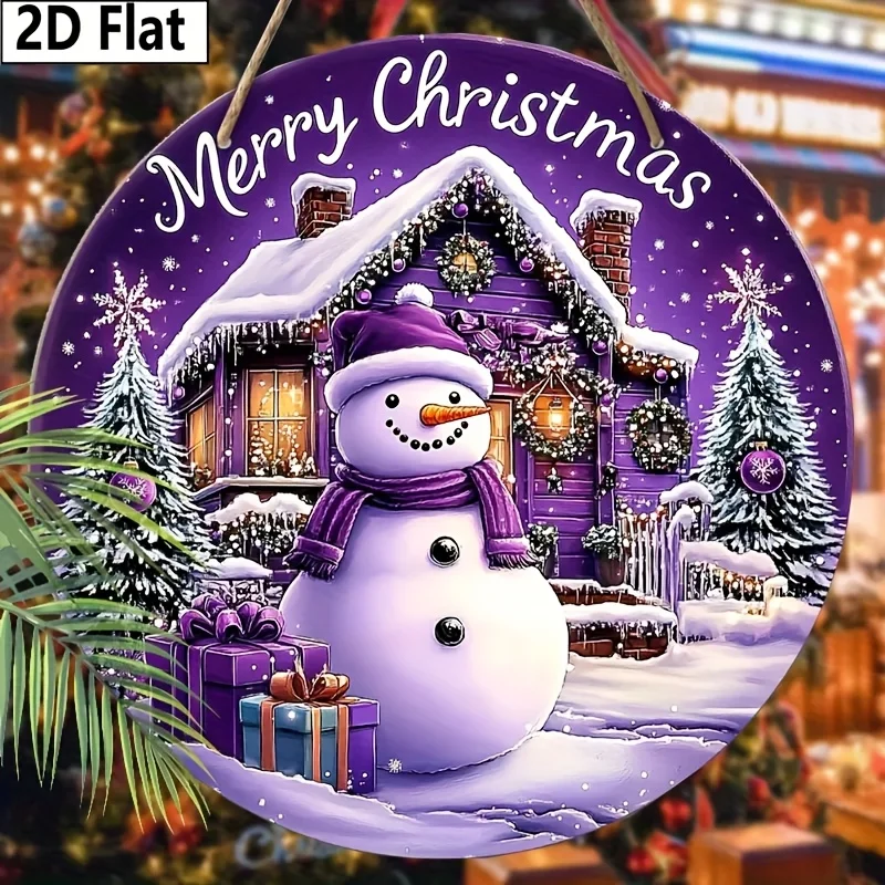 2D Flat, 2D Flat Christmas Purple Farmhouse Snowman Wooden Sign, Effect Wooden Wreath Sign for Yard Balcony Door Hanging Decor I