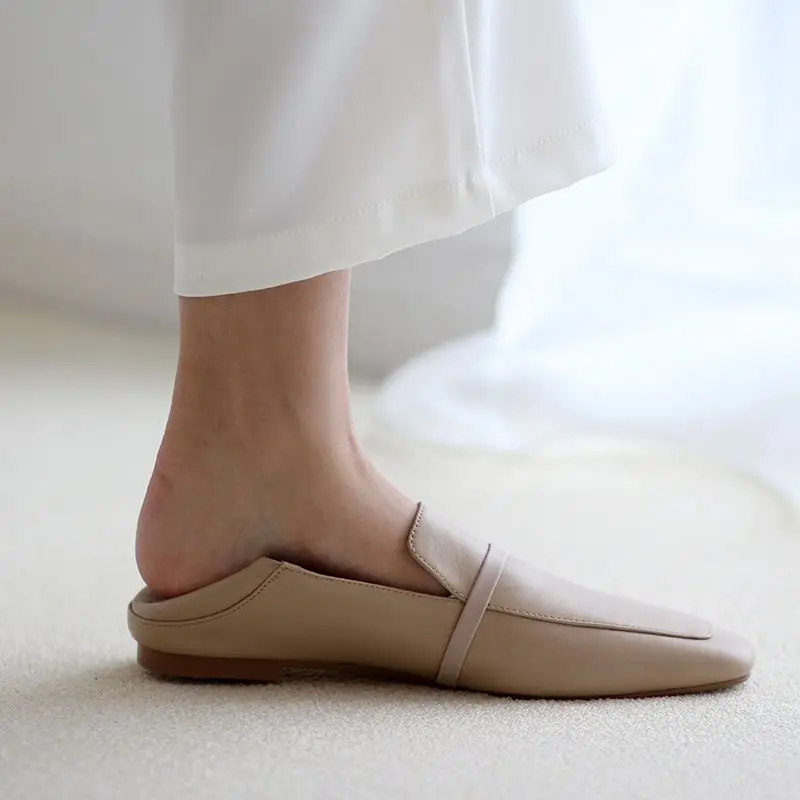 Outdoor Mules Women Loafers Korea Style Flat Shoes Cowhide Mules Square Toe Lady Loafer Shoes Spring Autumn Women Flats
