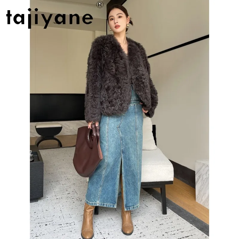 TAJIYANE 100% Tuscan Sheep Shearling Cropped Fur Jacket Fourrure Real Fur Coat Woman V-neck Jackets for Woman Clothing 2026 Шуба