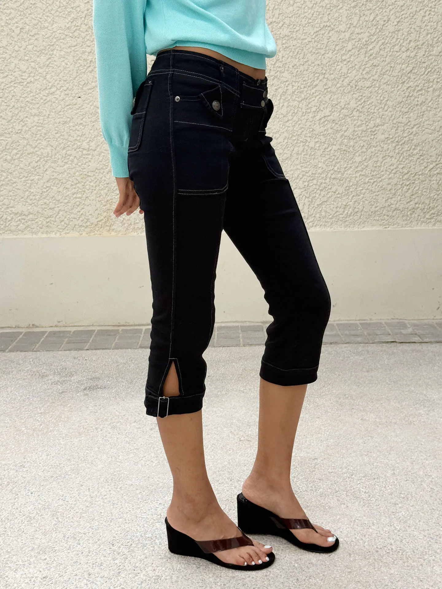 Low Waist Slim Fit Capri Pants Black Blue Thread Design Pocket Fashion Workwear Cotton Ladies High Waist Slim Fit Pants