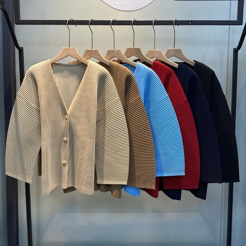 Miyake Women Pleated Knit Cardigan Long Sleeve Top 2026 New Simple Loose Casual Button V-Neck Jacket Commuter Plus Size Clothing