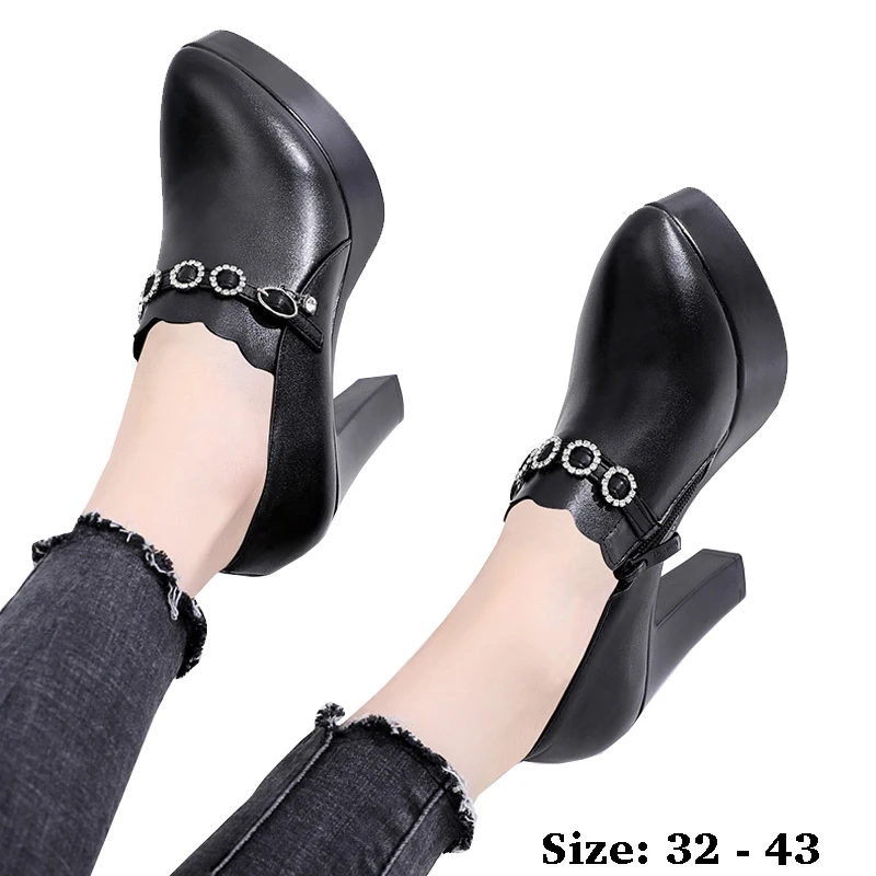 

high quality leather shoe for women 8cm 12cm high heel platform point toe 32 33 43 elegant work 2025 autumn winter shoe black