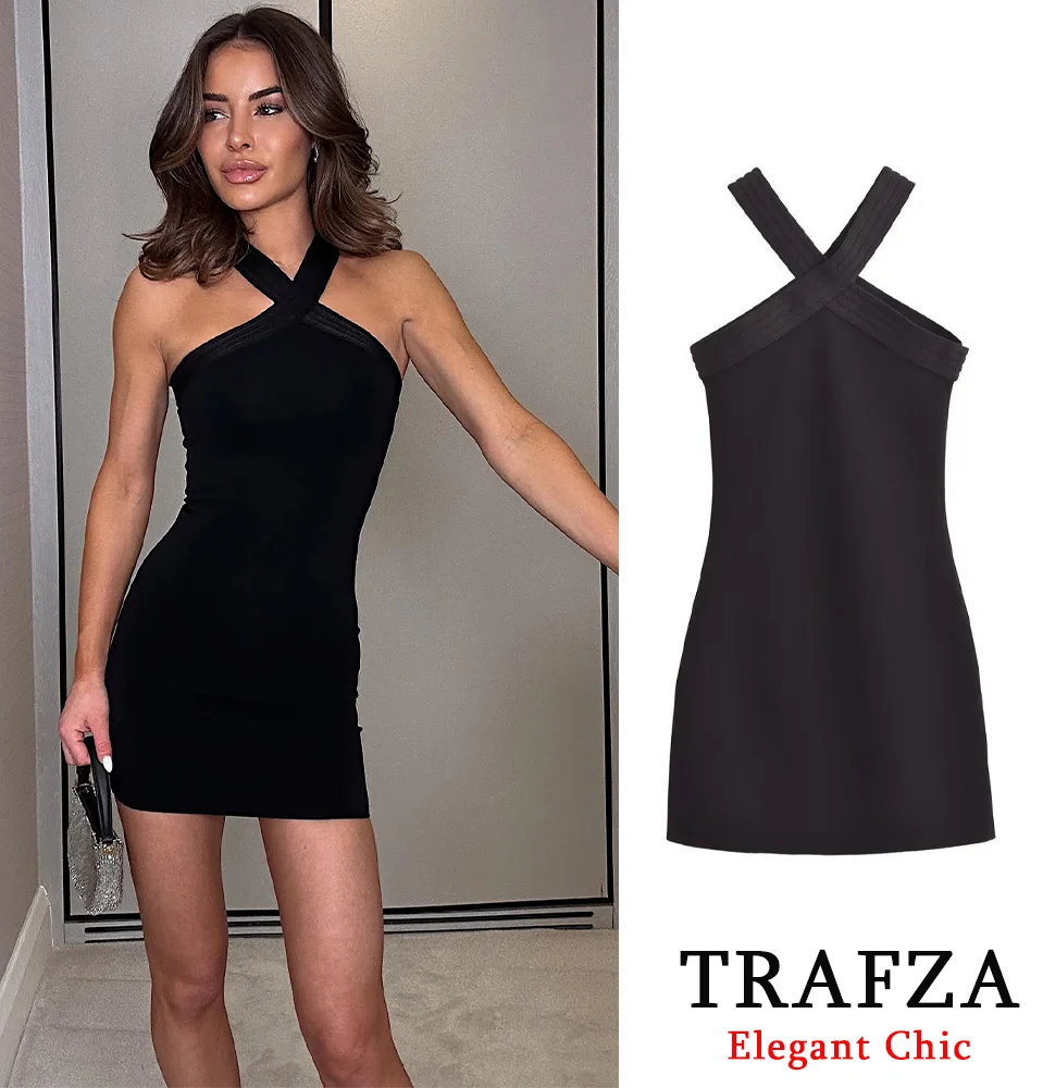 

TRAFZA Women Stylish Stretchy Halter Black Bodycon Dress 2025 New Spring Summer Fashion High Street Sexy Bodycon Dress