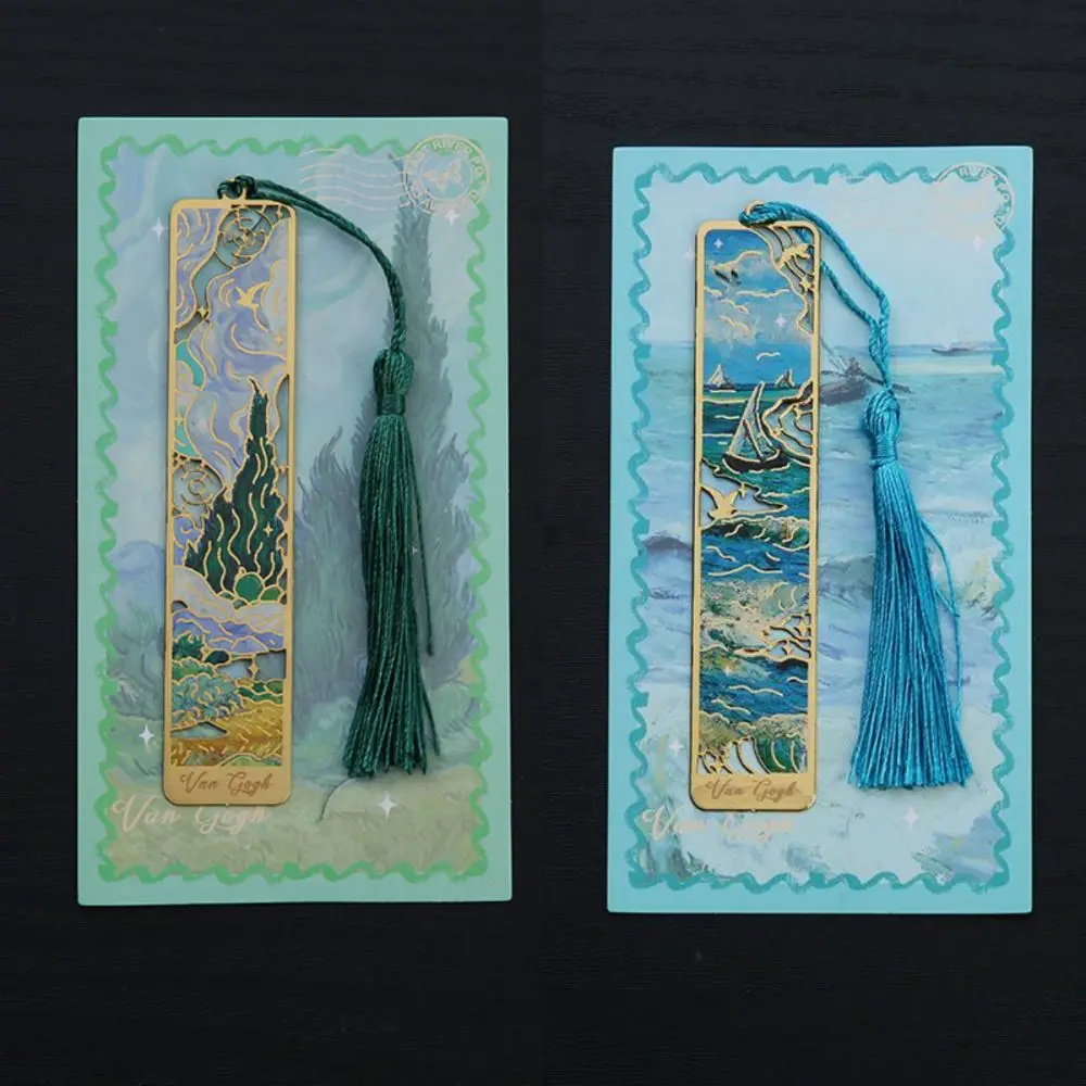 Hollow Metal Bookmark Oil Painting Style Exquisite Book Marks Rectangular Landscape Flower Reading Stationery School Supplies