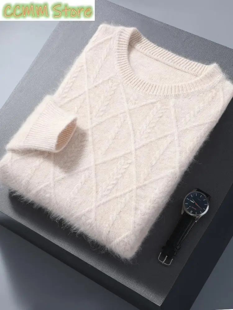 Mink Cashmere Autumn Winter Men O-Neck Sweater Cable Knitting Thick Pullover High Quality Smart Casual Cashmere Knitwear