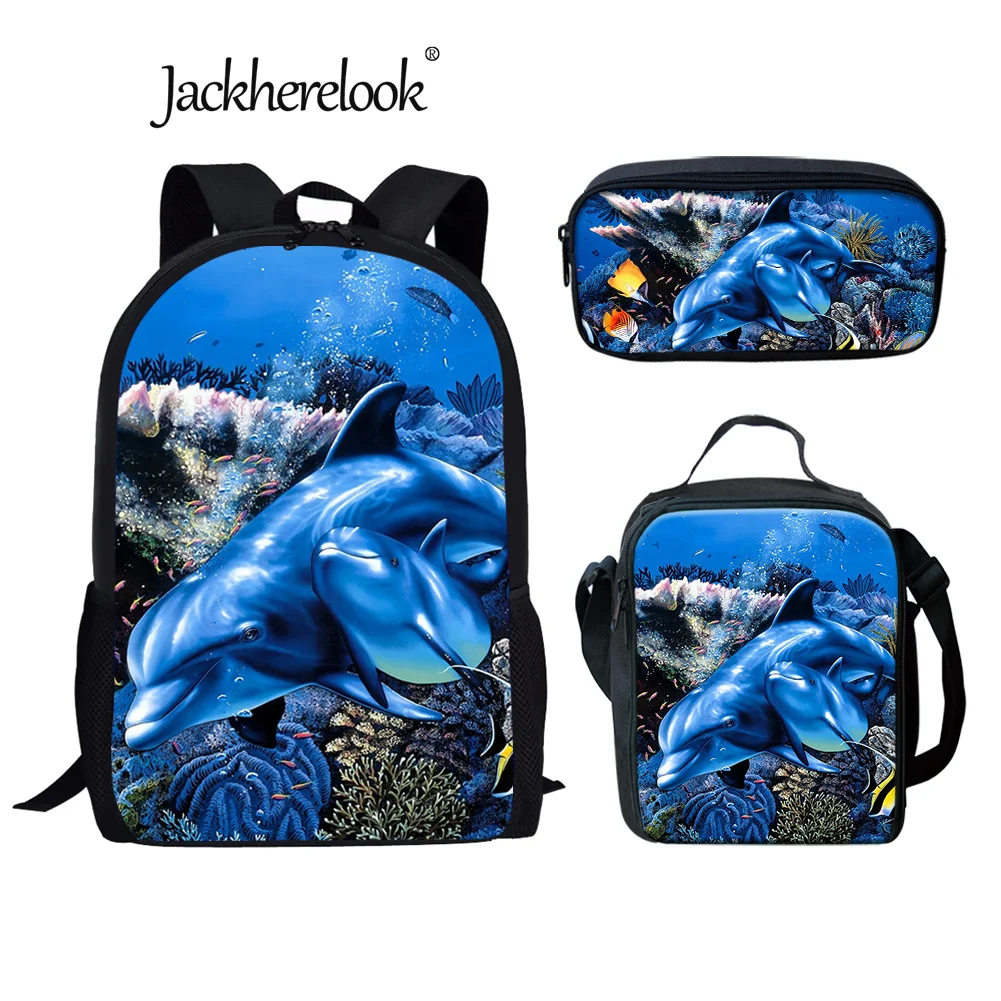 Jackherelook Cute Dolphin Children School Bag Set Kids Boys Girls 3D Seaworld Printing Notebook Backpack 2022 New Bookbag Gift