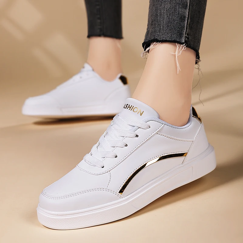 Women White Shoes Flat Female White Board Casual Shoes Lace Up PU Leather Walking Sneakers Thick Sole Outdoor Luxury Fashion image 3