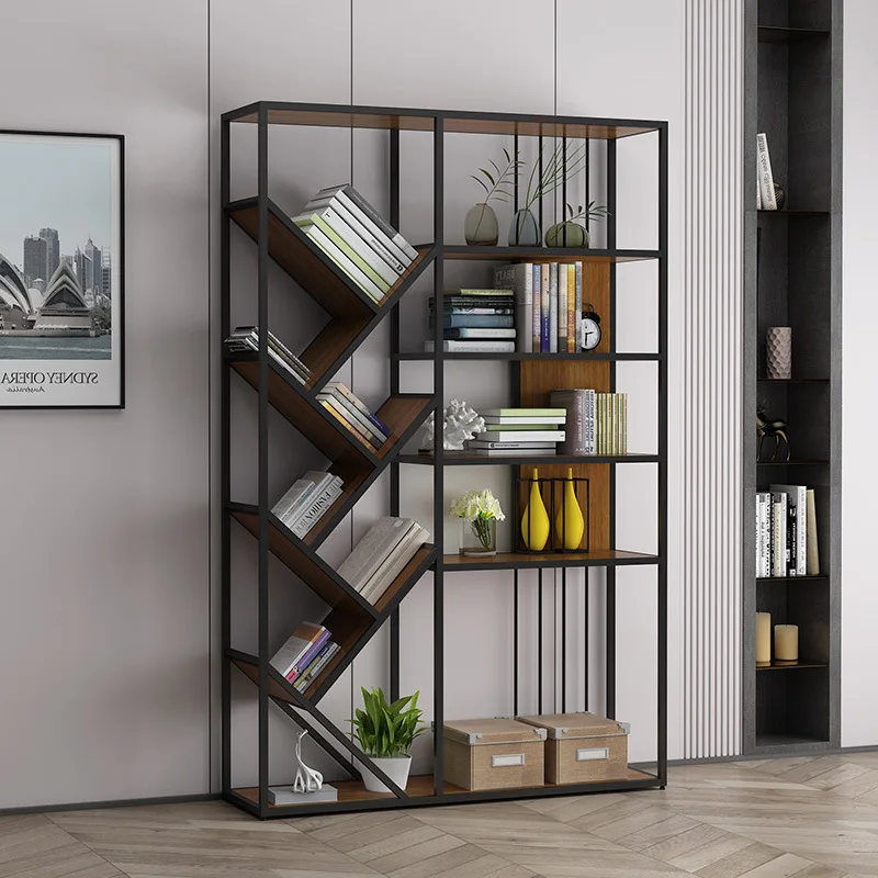 

Iron Landing Bookshelf Home Office Simple Solid Wood Multi-storey Storage Display Shelf Creative Partition Wall