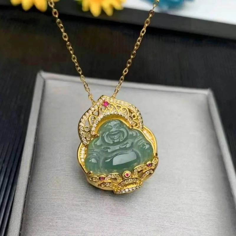 

Natural Grade A Jade Lotus Pendant with Copper Inlay, New Chinese Style Accessory, Traditional Maitreya Buddha Ornament