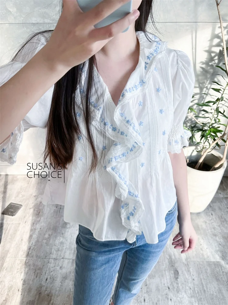 

Fre Floral Embroidery ort Sve irt Susan Cotton V-ne Pure Color Commute Sle Women's Premium Faion Top