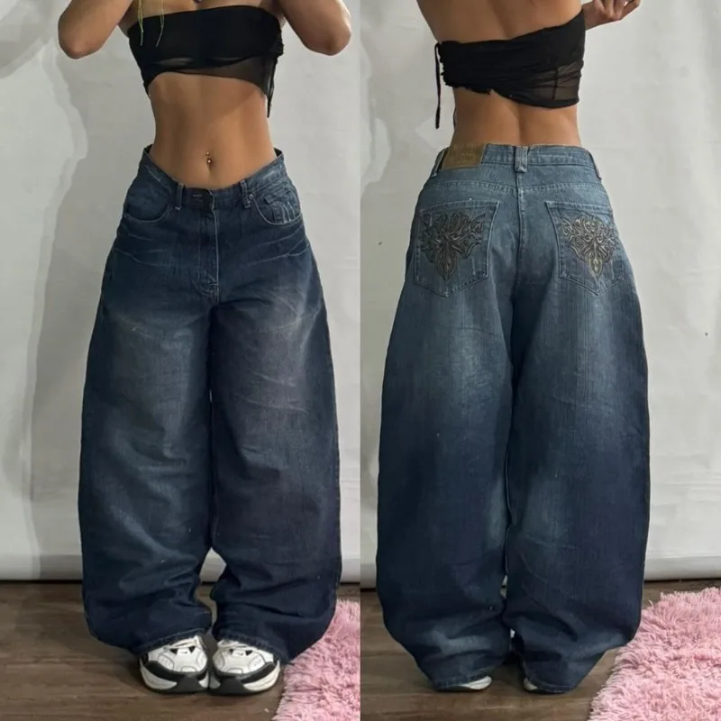 American New Fashion Geometric Pattern Embroidered Baggy Jeans Women Y2K Harajuku Vintage Hip-hop Popular Casual Wide-leg Pants