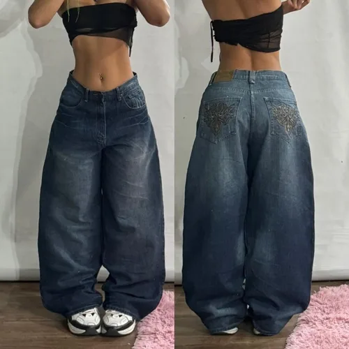 Nueva moda americana, pantalones vaqueros holgados bordados con patrón geométrico para mujer Y2K Harajuku Vintage Hip-hop, pantalones de pierna ancha informales populares